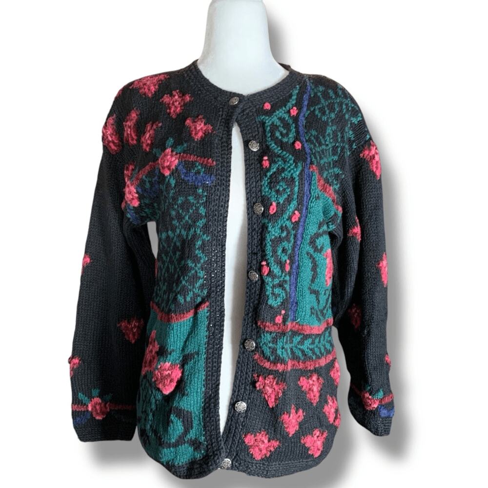 Vintage 90s Hand Knit Chunky Floral Cardigan Sweater Black Pink Teal Medium MP